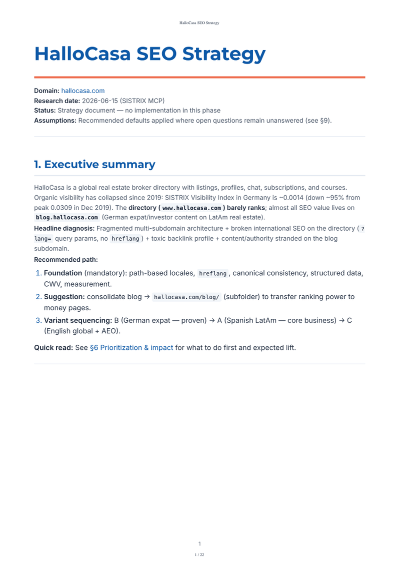 HalloCasa SEO strategy — first page preview